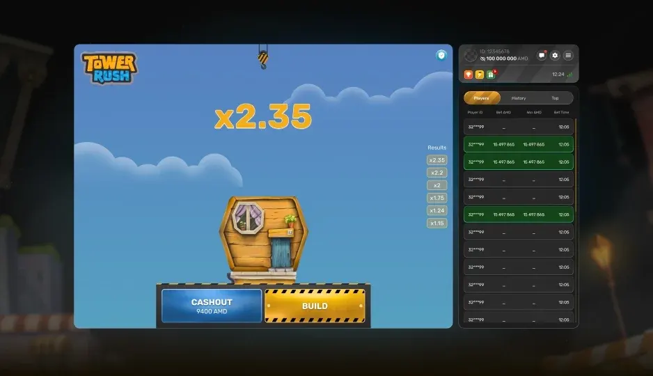 Tower Rush run in progress with several blocks stacked and the multiplier rising