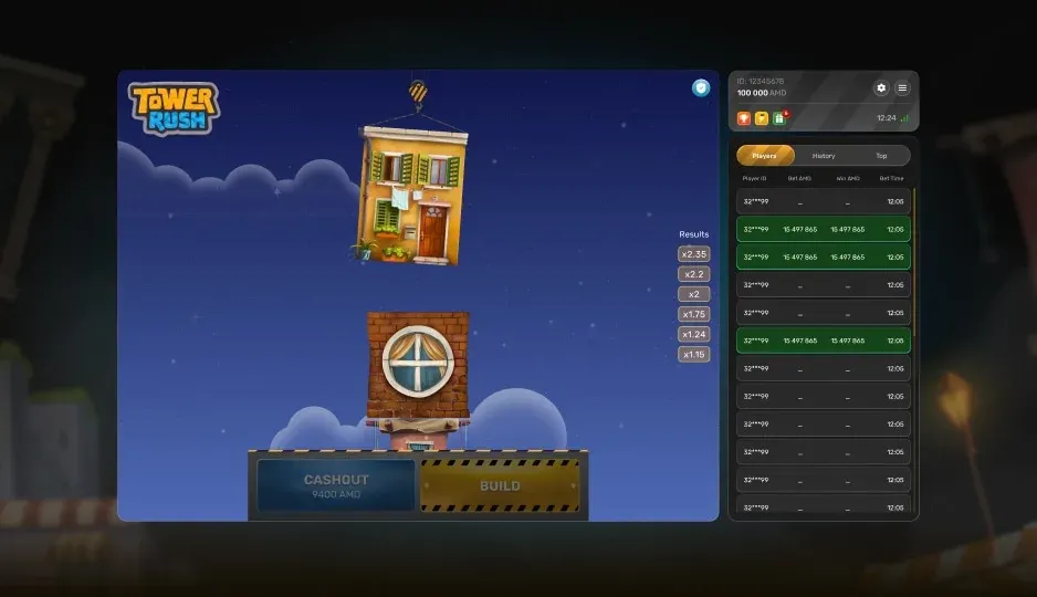 Tower Rush round history panel where the server seed is revealed after the round